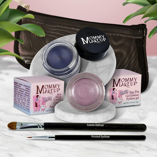 The Everlasting Eye 5 Piece Waterproof Makeup Set. Gel Eyeliner, Creme Eyeshadow, 2 brushes and Mesh Bag. Paraben-free, Talc-free, Cruelty-free. Elsa/Blue Angel 1112