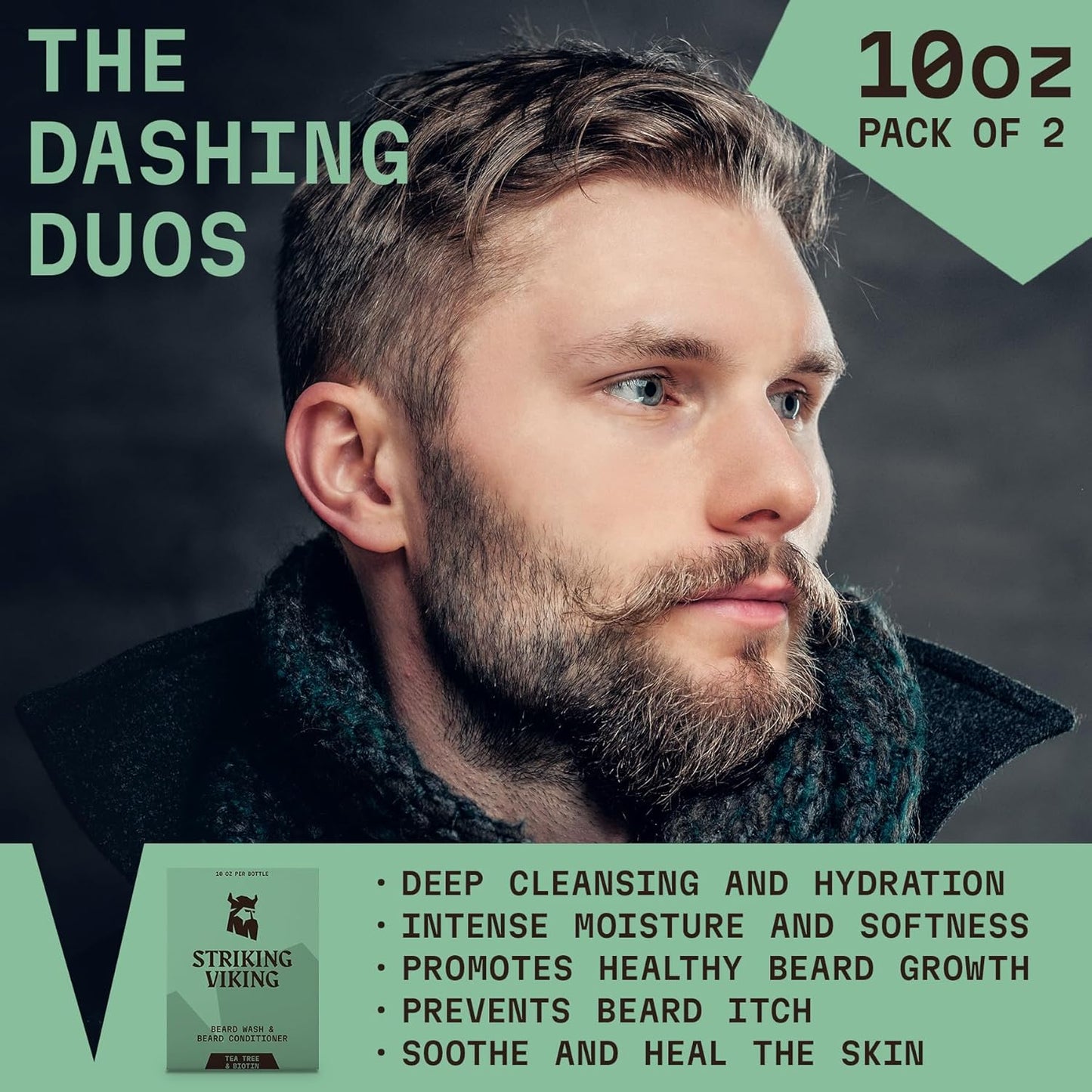 Striking Viking Beard Wash and Conditioner (Tea Tree & Biotin) - Paraben & Sulfate Free Cleansing Care for All Beard Types (10oz Per Bottle)