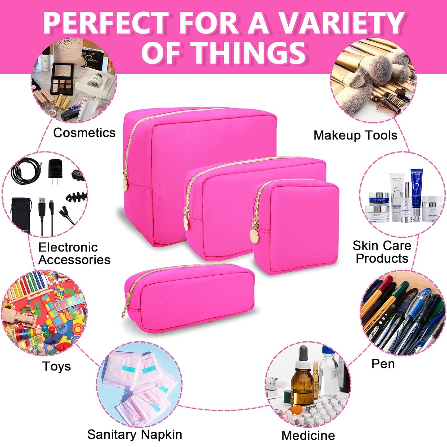 Small Pencil Case Makeup Bag for Purse, Cute Pencil Pouch Preppy Nylon Makeup Brush Bag with Zipper , Girls Portable Stationery Storage Case Small Pen Bag for Office School College(Slim-Bubblegum)
