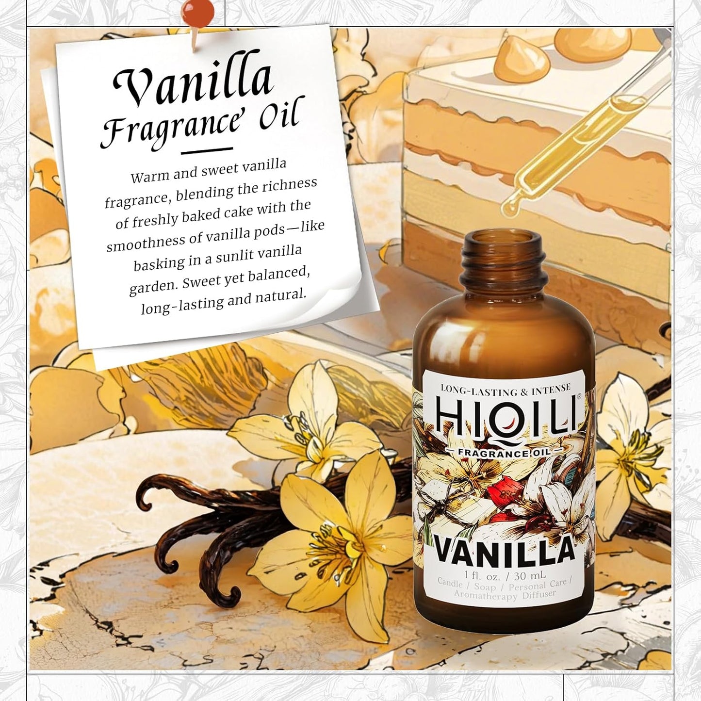 HIQILI Vanilla Fragrance Oil for Body Spray, Diffuser Use, Essential Oil for Candle, Soap, and Women Perfume Making - 1 Fl Oz