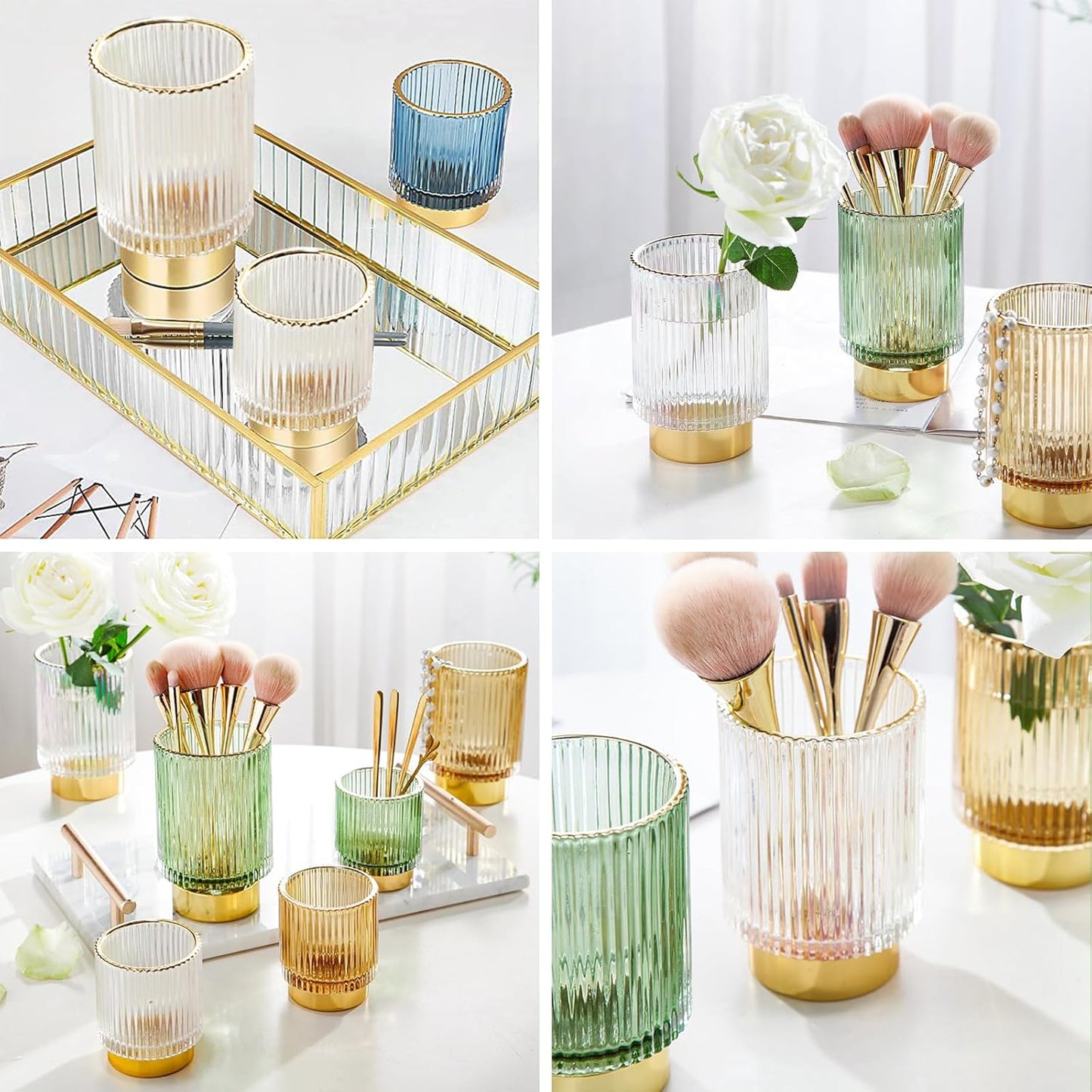 DASITON Makeup Brush holder Organizer,Crystal Cosmetic Makeup Brush Glass Brushes Storage Holder, Vintage Make Up Brush Cup Pen Pencil Holder striped vase(Clear S+L)