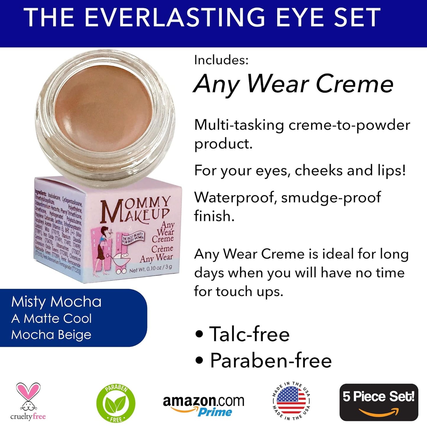 The Everlasting Eye 5 Piece Waterproof Makeup Set. Gel Eyeliner, Creme Eyeshadow, 2 brushes and Mesh Bag. Paraben-free, Talc-free, Cruelty-free. Misty Mocha/Black Beauty 1801