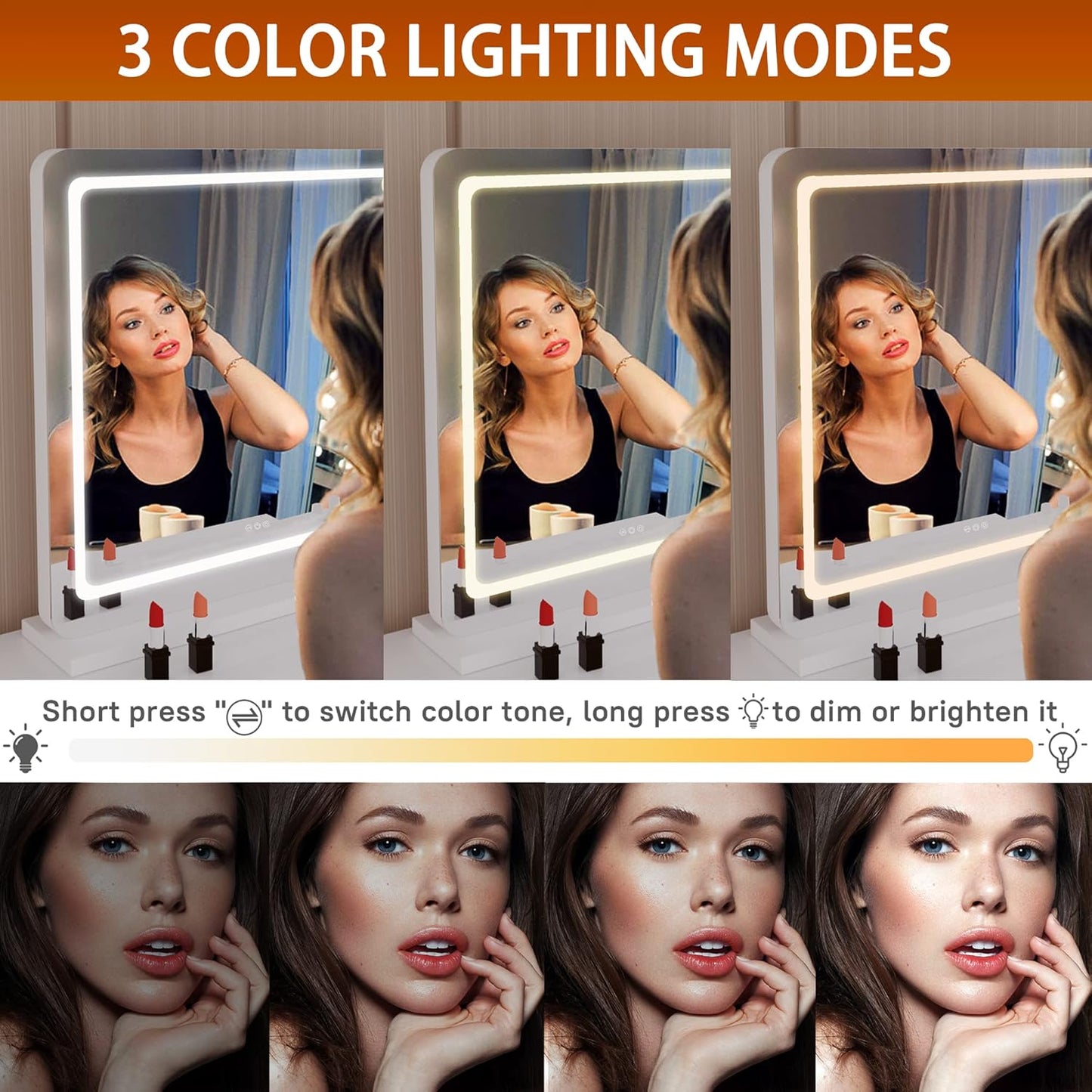 Hasipu Vanity Mirror with Lights, 31.5" x 22" LED Makeup Mirror, Lighted Makeup Mirror with Dimmable 3 Modes, Touch Screen Control Vanity Mirror Round White