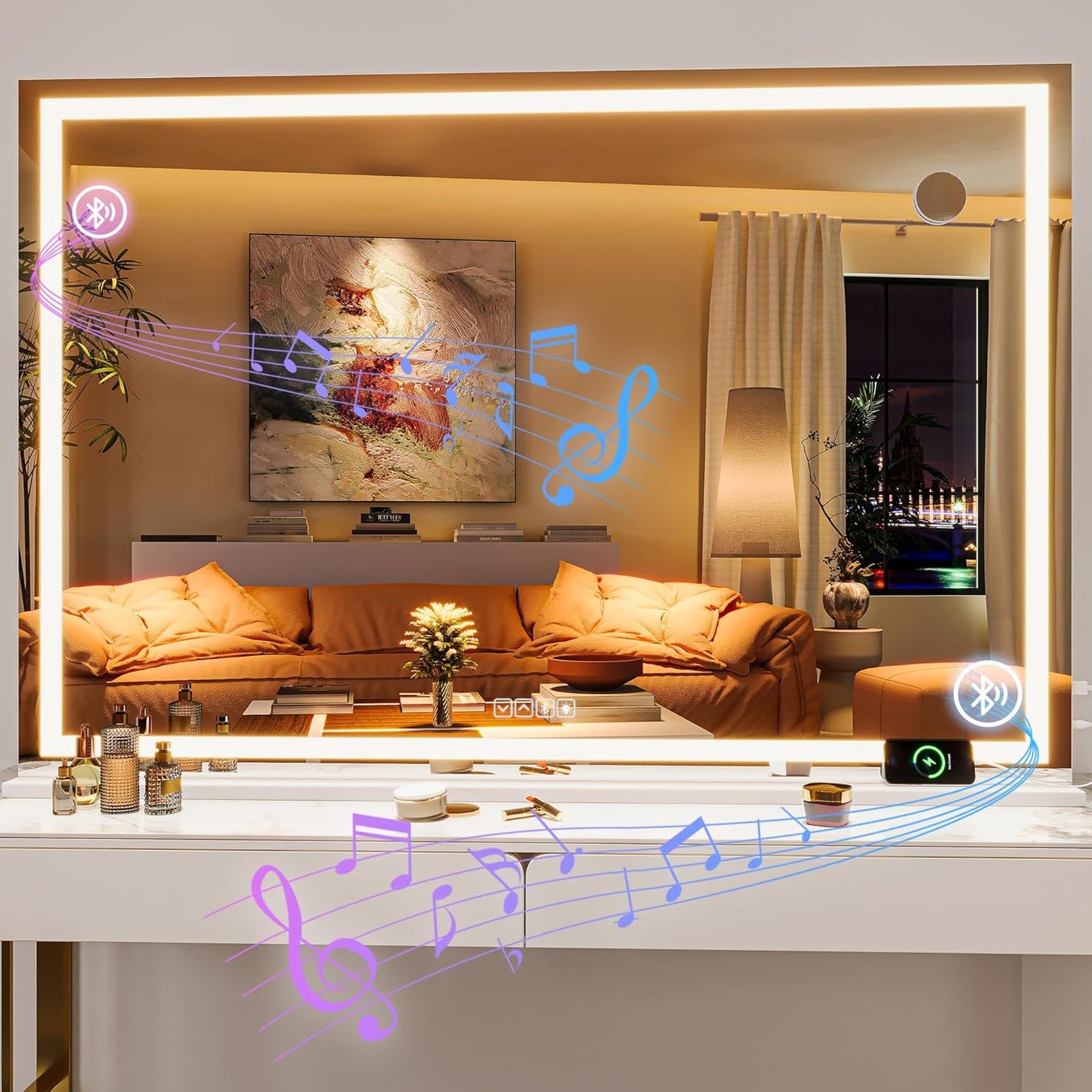 Hasipu Vanity Mirror with Lights and Bluetooth Speaker, 55" x 35.8" LED Makeup Mirror, Lighted Makeup Mirror with Dimmable 3 Modes, Touch Screen Control Vanity Mirror Square White