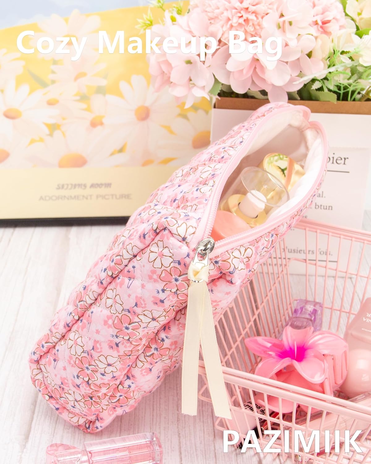PAZIMIIK Quilted Makeup Bag Large Travel Zipper Soft Cosmetic Pouch for Women Girls Make Up,Pink Flower