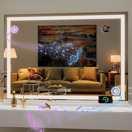Hasipu Vanity Mirror with Lights and Bluetooth Speaker, 42" x 29.5" LED Makeup Mirror, Lighted Makeup Mirror with Dimmable 3 Modes, Touch Screen Control Vanity Mirror Square White