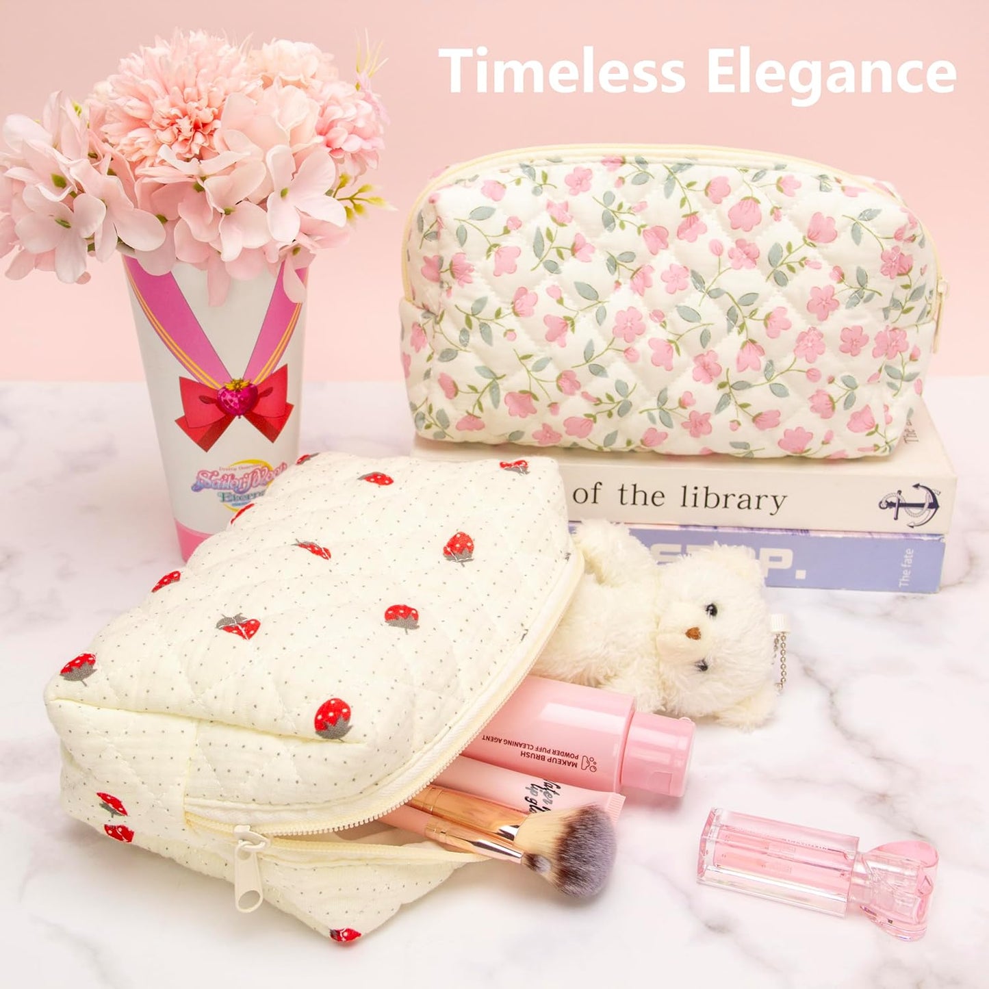 PAZIMIIK Vintage Quilted Makeup Bag Cosmetic Pouch for Brushes Pencils and Travel Make Up Accessories for Women and Girls Gauze Strawberry
