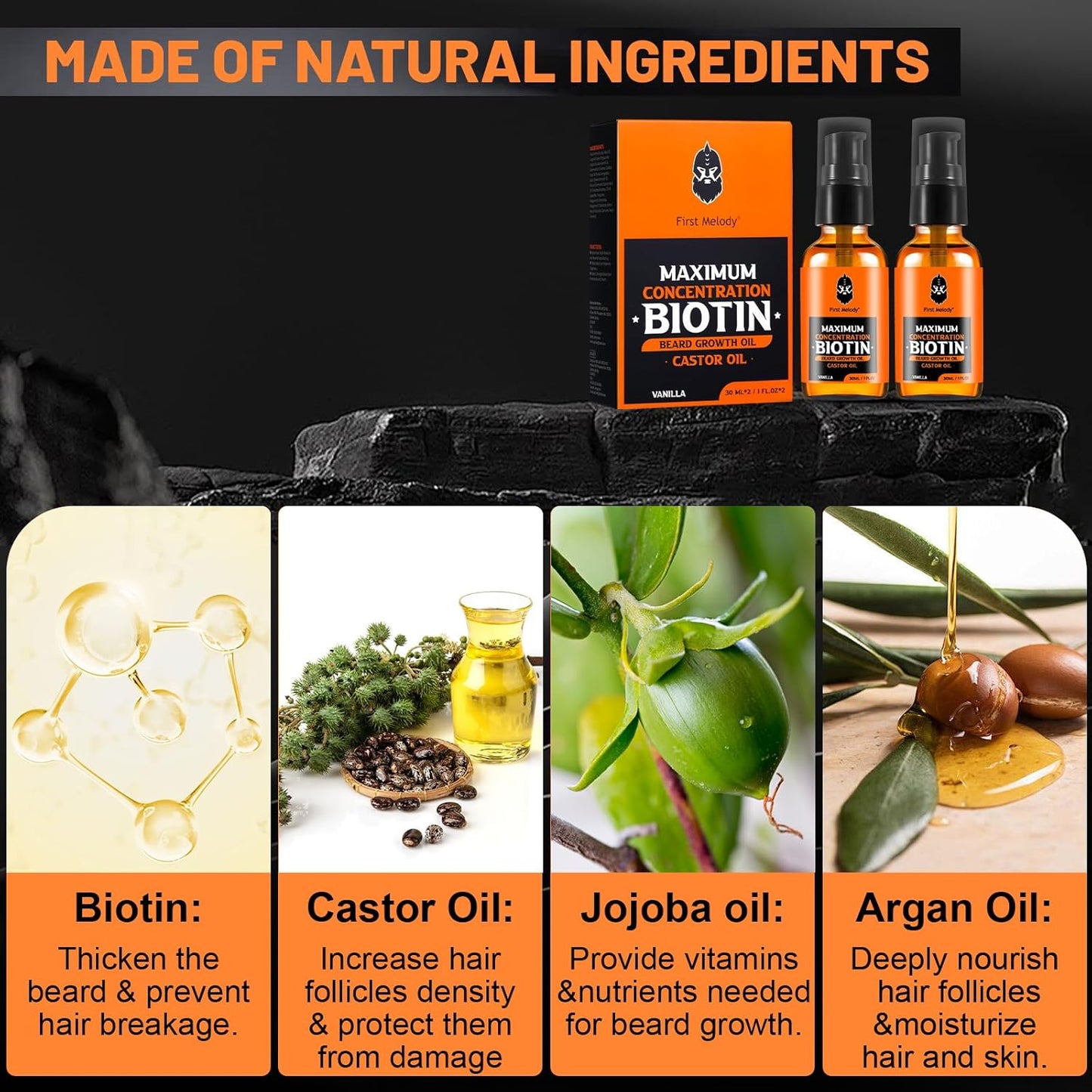 Beard Oil,Maximun Thickening Biotin, with Castor Oil and Argan & Jojoba Oils, Promotes Beard Growth, Styles, Strengthens & Softens Beards & Mustaches,1 Ounce*2（2 Pack）