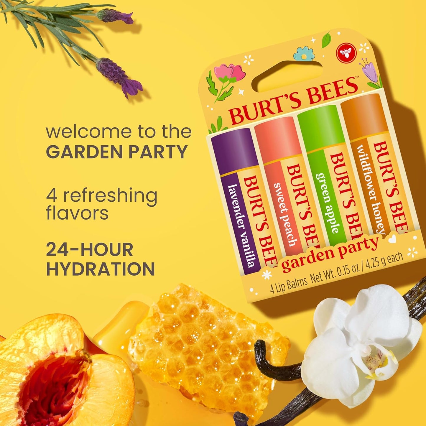 Burt's Bees Back To School Gifts Ideas - Garden Party Lip Balm Set, Lavender Vanilla, Sweet Peach, Green Apple, Wildflower Honey, Natural Origin Lip Treatment, 4 Tubes, 0.15 oz.