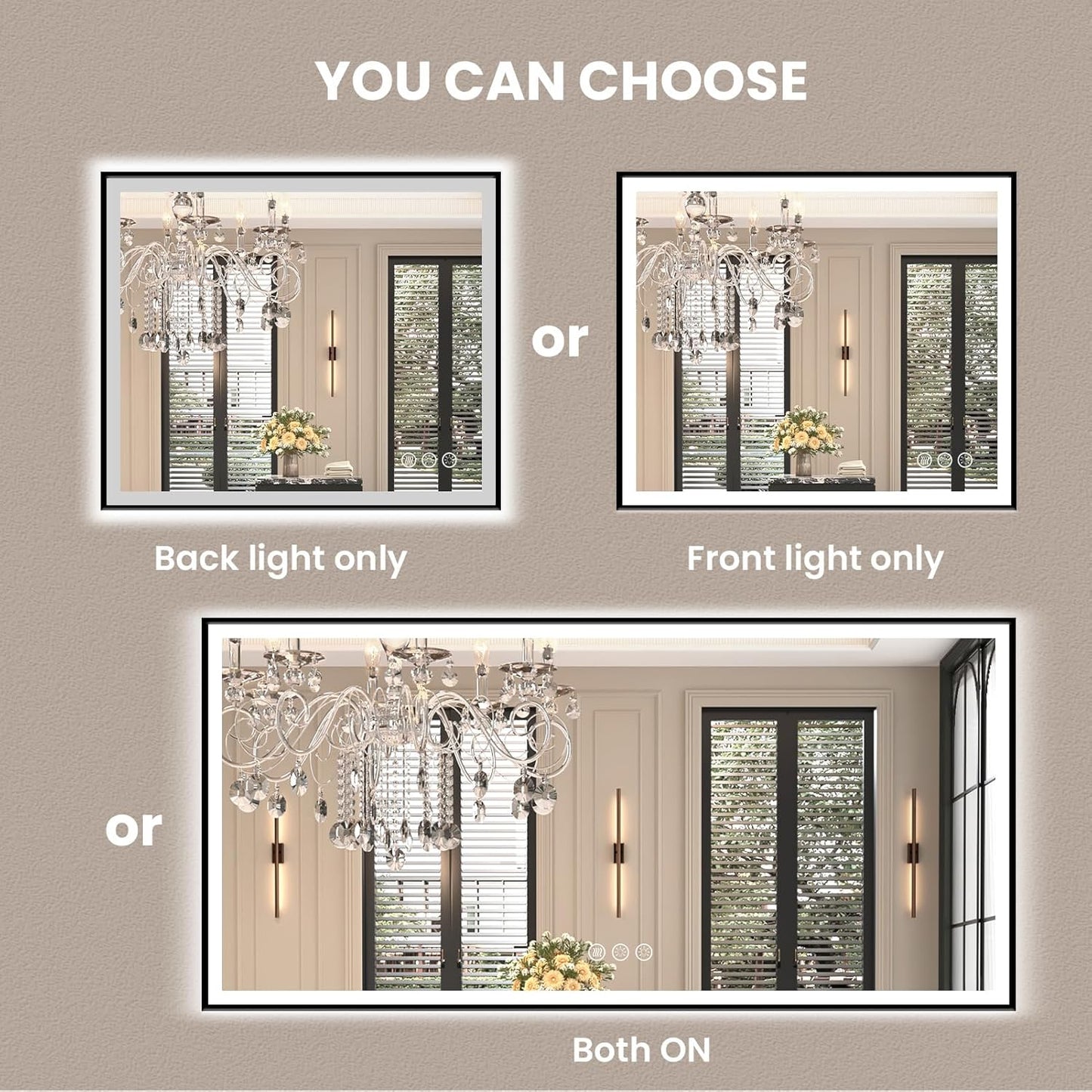 Amorho 48" X36" LED Bathroom Mirror with Black Frame, Front Light and Backlit(Controlled Separately), Stepless Dimmable, Anti-Fog, Shatter-Proof, 3 Colors, Memory