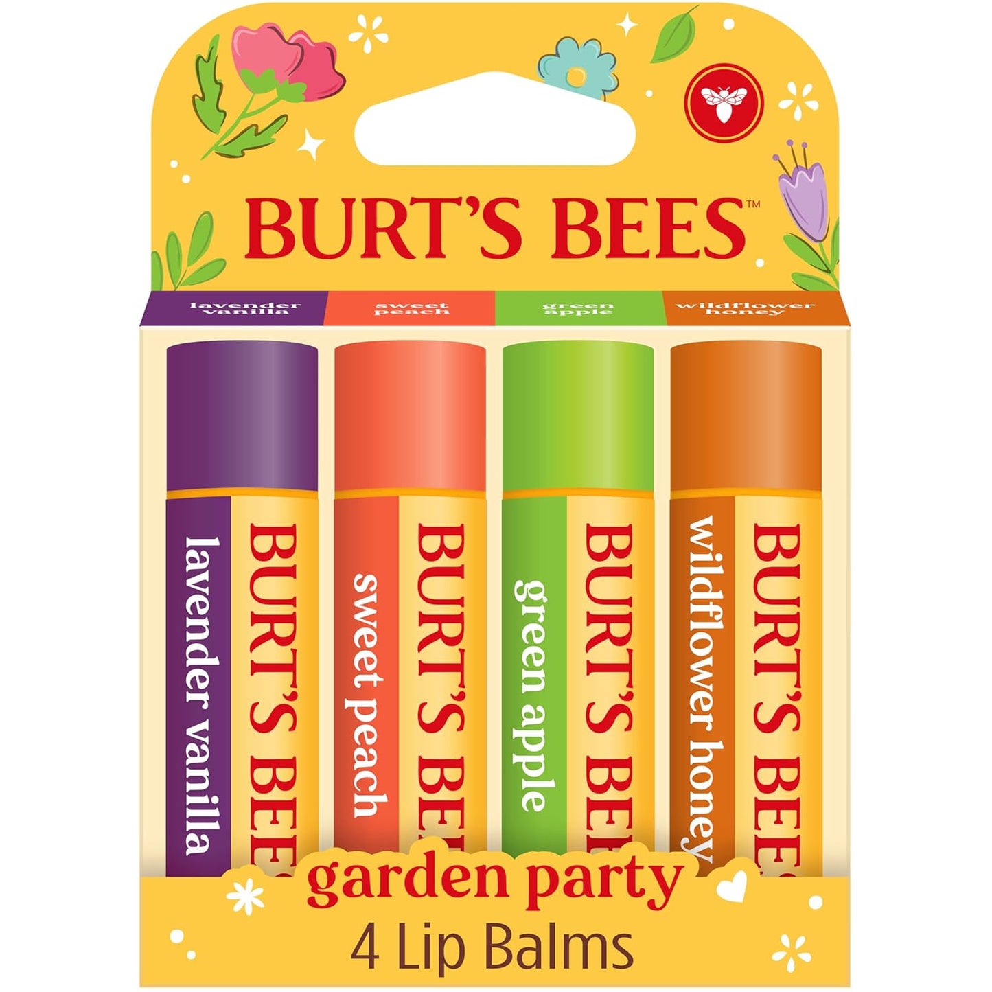 Burt's Bees Back To School Gifts Ideas - Garden Party Lip Balm Set, Lavender Vanilla, Sweet Peach, Green Apple, Wildflower Honey, Natural Origin Lip Treatment, 4 Tubes, 0.15 oz.