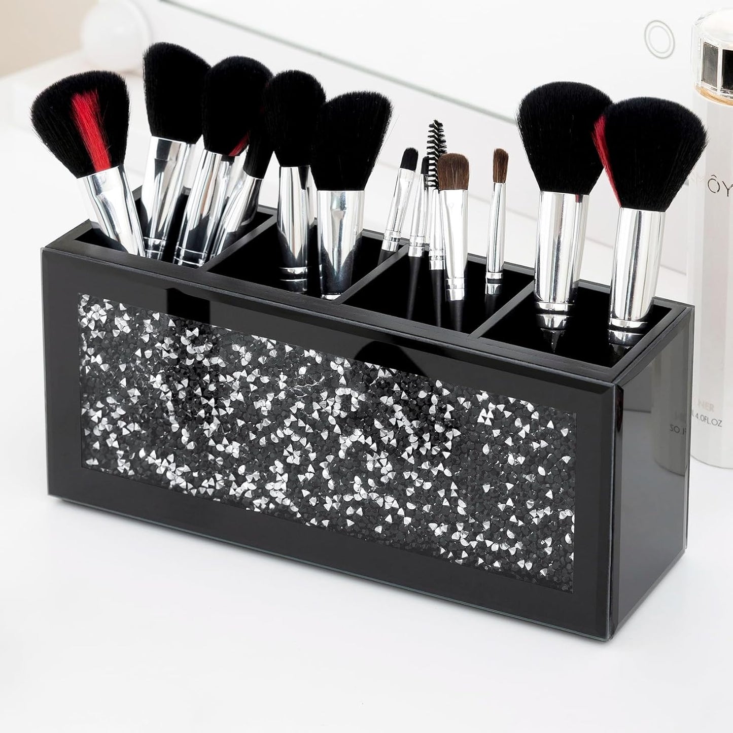 SHYFOY Black Makeup Brush Holder, 4-Compartment Makeup Organizer with Crushed Diamond Crystals, Vanity Cosmetics Organizer Solution, Pencil Holder Organizer for Desk