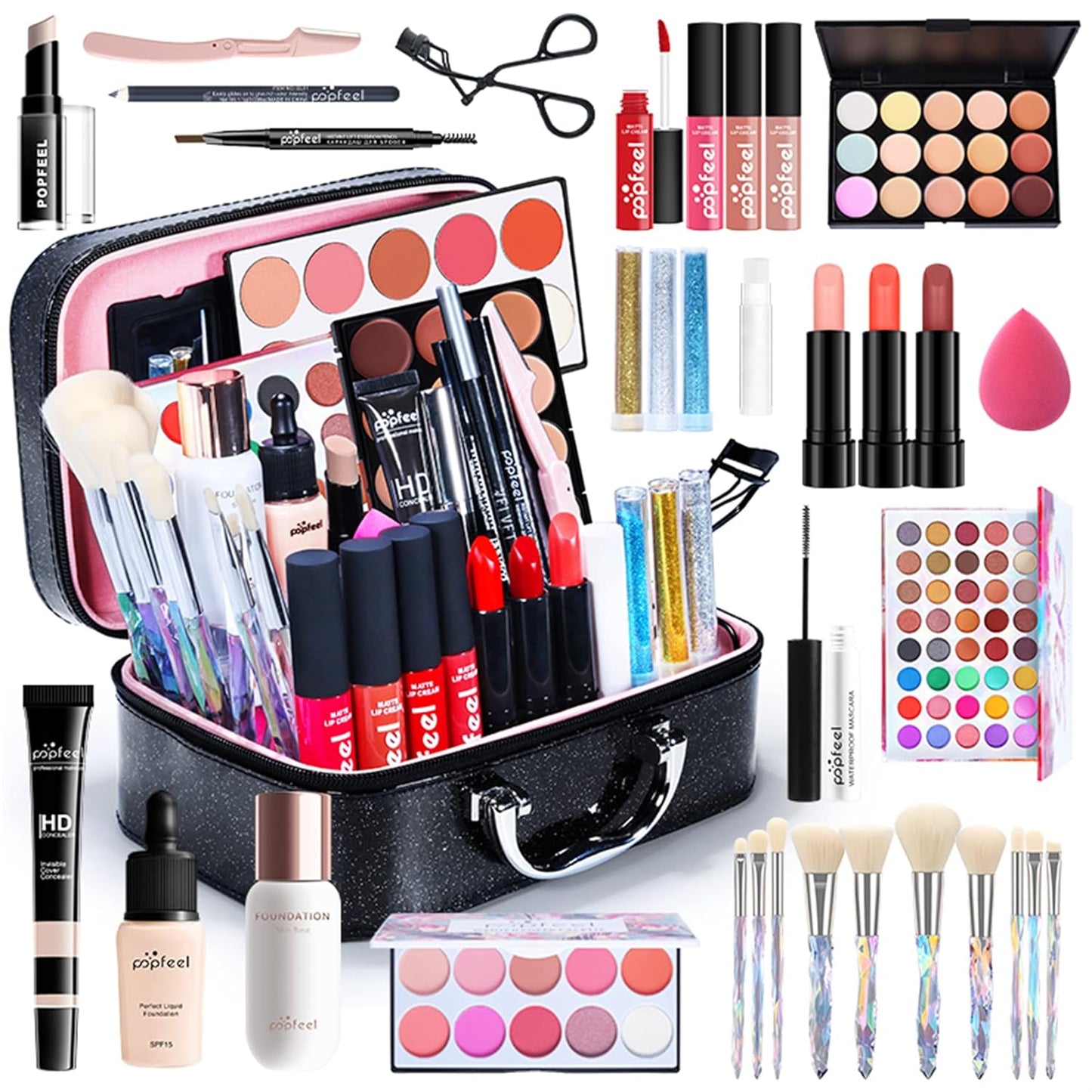 All in One Makeup Kit For Beginners Full Kit, Full Makeup Kit For Teen Girls, Makeup Gift Set, Include Eyeshadows, Concealer, Cosmetic brush, Lip Gloss, Lipstick, Powder puff, Mascara -007