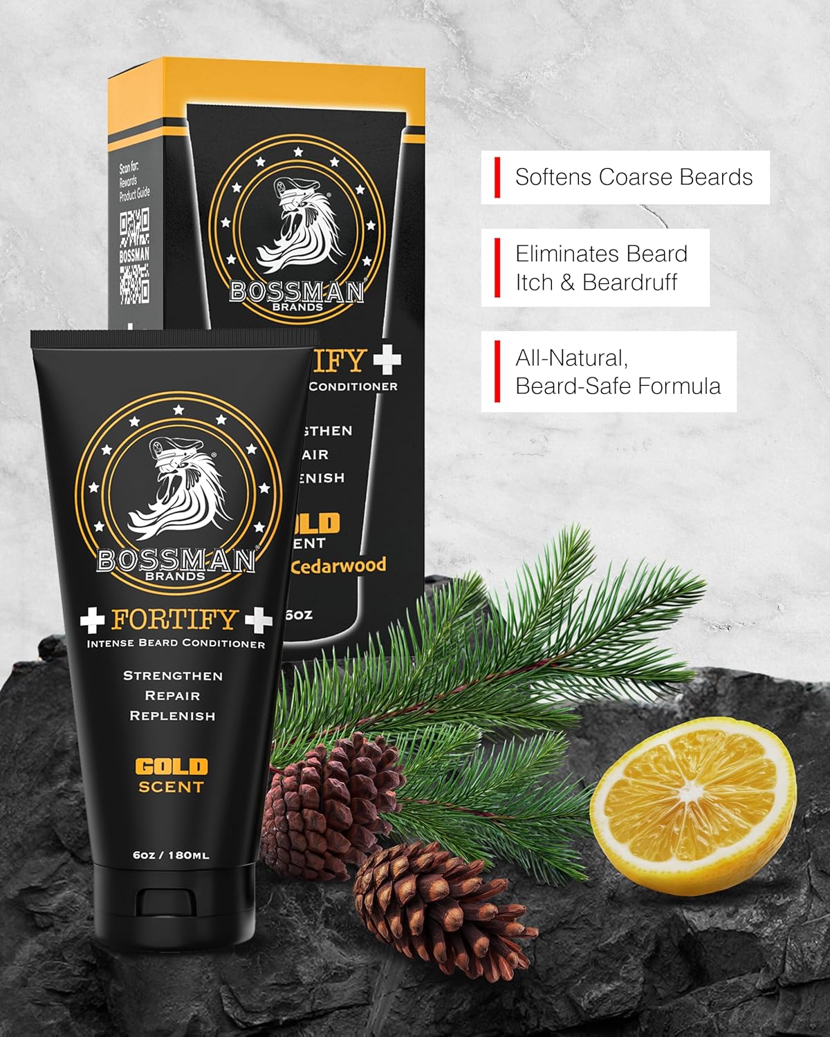 Bossman Fortify Intense Beard Conditioner for Men (Gold Scent) – Moisturizes, Replenishes & Protects with Natural Ingredients – Thicker Formula, Made in USA
