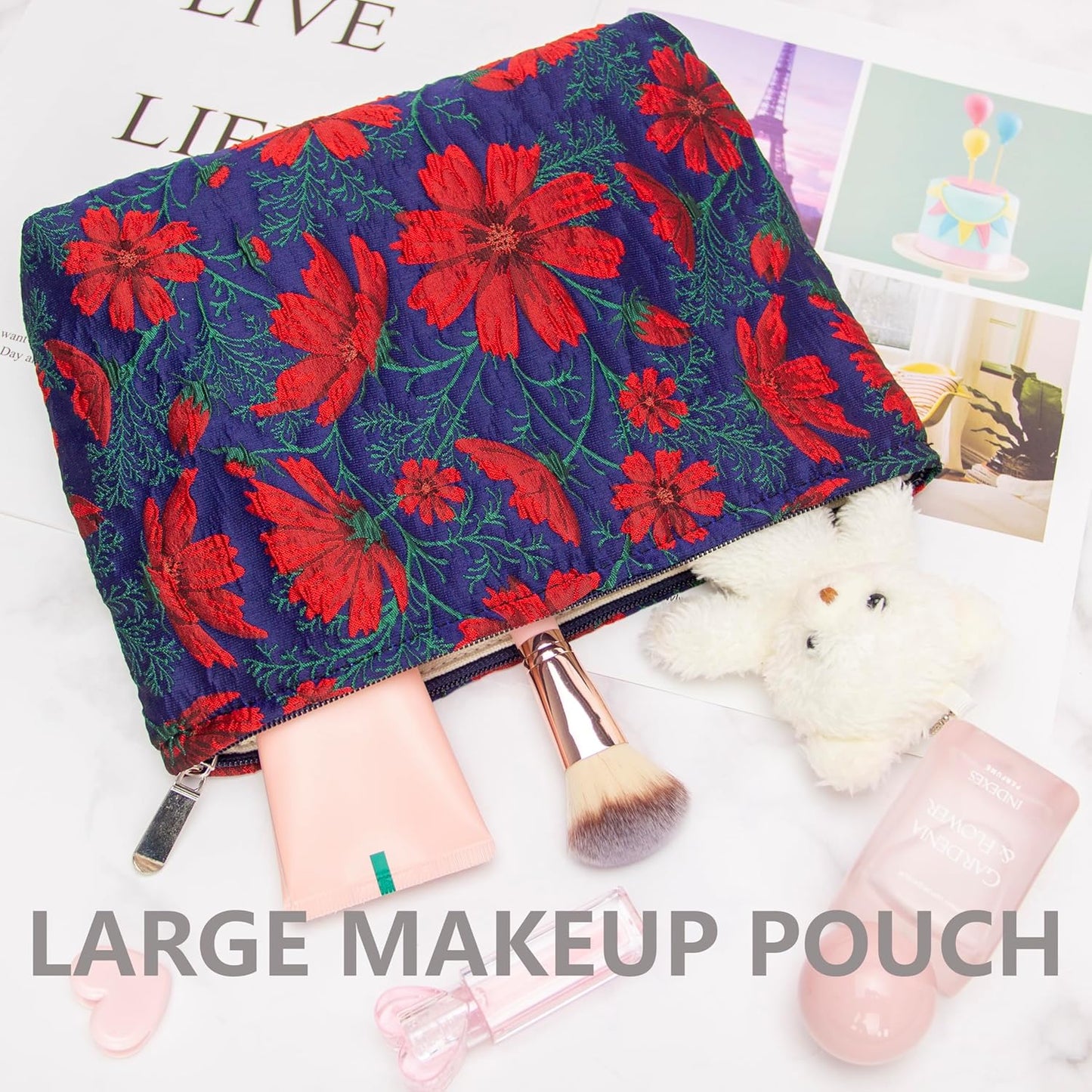 PAZIMIIK Makeup Bag Large Cotton Zipper Pouch for Purse Travel Canvas Make Up Organizer for Women Cosmetic,Brocade Navy Blue