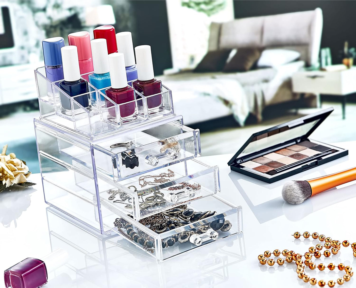 Boxup Makeup Organizer 3 Drawers,Makeup Organizers For Nail Polishers Clear Cosmetic Display Cases Stackable Storage Box With 3 Drawers For Vanity