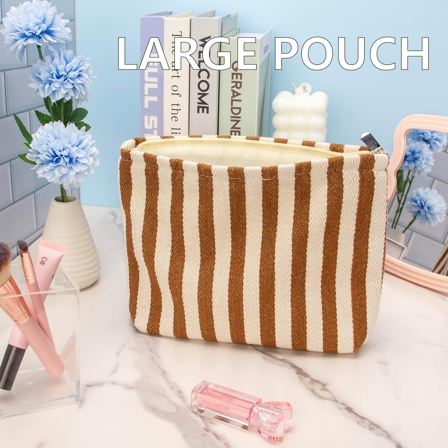 PAZIMIIK Makeup Bag Large Cotton Zipper Pouch for Purse Travel Canvas Make Up Organizer for Women Cosmetic,Stripe Coffee