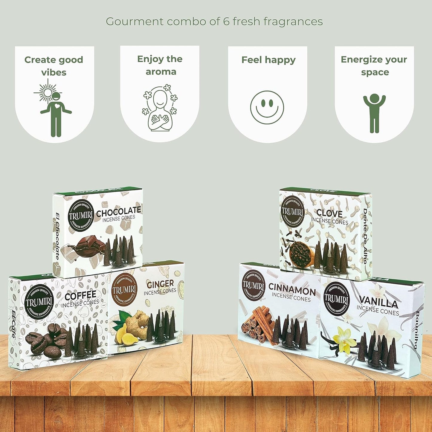 TRUMIRI Gourmet Incense Cones - Variety Pack - Total 60 Cone Incense (6 Scents x 10 Conos) - Vanilla, Cinnamon, Coffee, Chocolate, Clove, Ginger - Cone Incense Scents - Insense Cones - Incent Cone